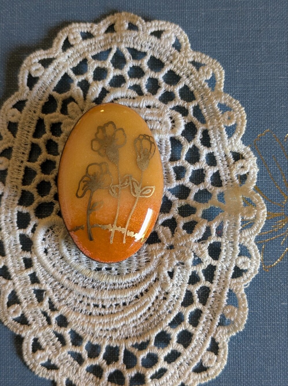 Vintage Handmade Floral Brooch‎ Amber Orange Resin Flower Pin Signed Dany.l